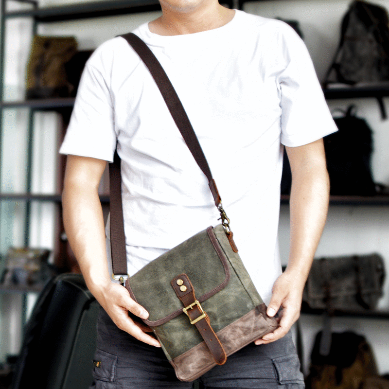 Cool Canvas Leather Mens Small Green Messenger Bag Vertical Side Bag S –  imessengerbags