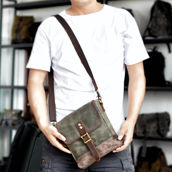 Cool Canvas Leather Mens Small Green Messenger Bag Vertical Side Bag Shoulder Bag For Men