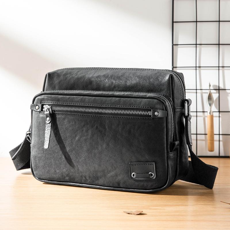 Black Cool Leather Mens 10 inches Courier Bag Postman Bag Black Messenger Bags Side Bag for Men