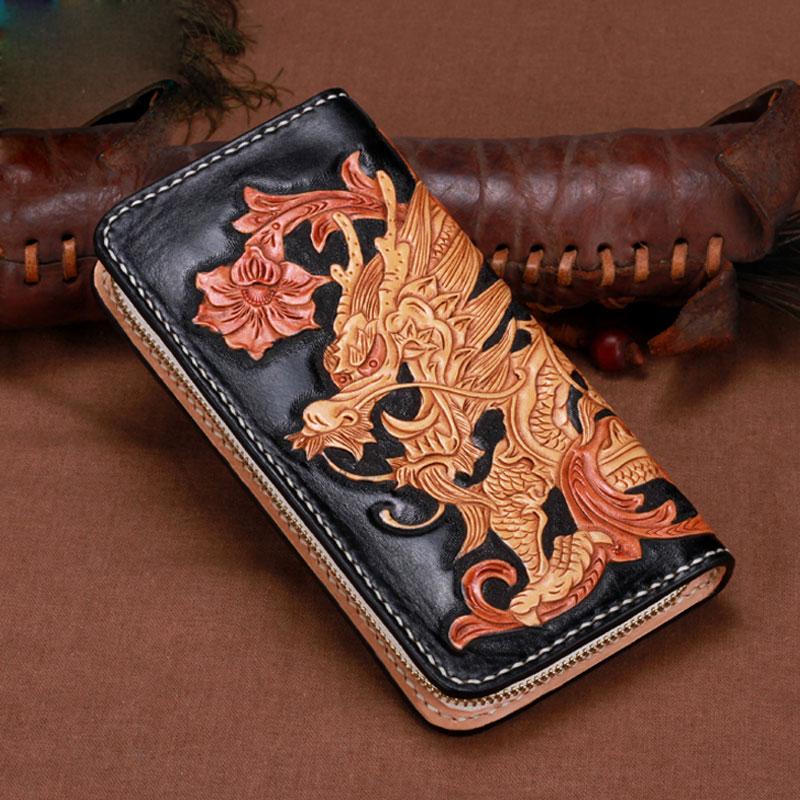 Handmade Leather Mens Clutch Wallet Cool Chinese Dragon Tooled Wallet Long Zipper Wallets for Men - imessengerbags