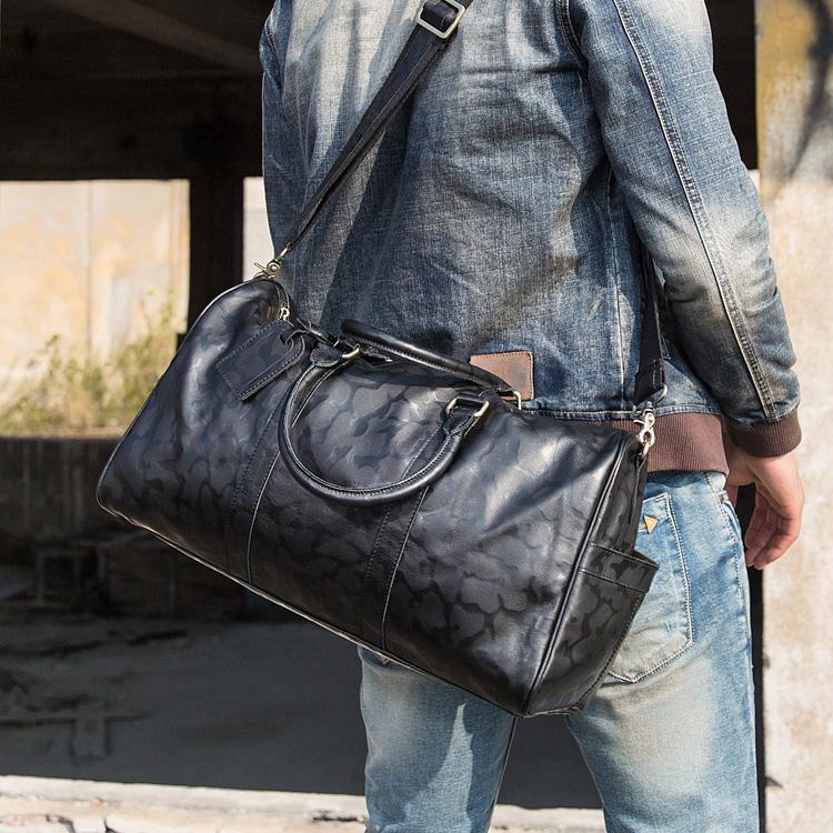 Fashion Black Leather Mens 16 inches Weekender Bag Black Side Bag Travel Shoulder Bags Duffle Bags for men - imessengerbags