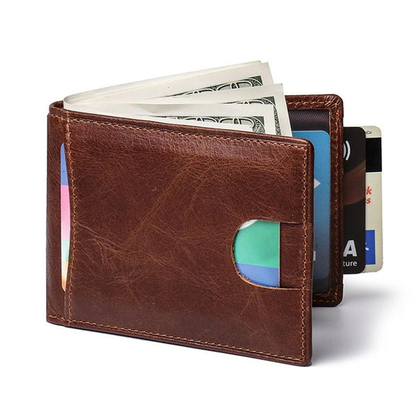 RFID Brown Leather Men's Small Wallet billfold Wallet Black Front Pocket Wallet For Men - imessengerbags