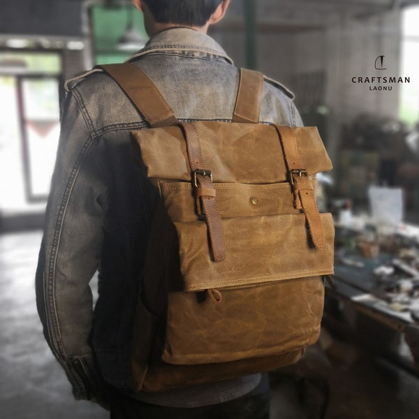 Khaki Oiled Wax Canvas Mens Rollup Backpack Travel Backpack Hiking Backpack Outdoor Backpack For Men - imessengerbags
