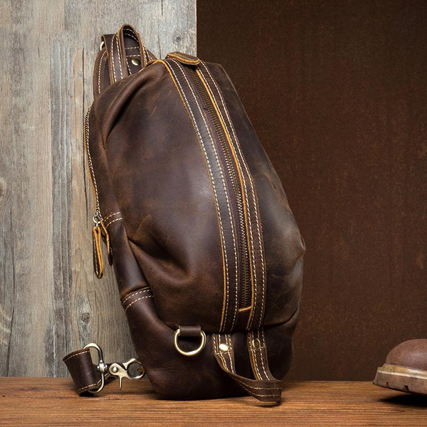 Cool Dark Brown Leather Mens Sling Pack Sling Bags Light Brown Crossbody Pack Chest Bag for men - imessengerbags