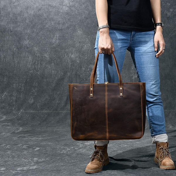Leather Mens Womens 14" Large Tote Shoulder Bag Vintage Brown Tote Bag Large Side Bag For Men - imessengerbags