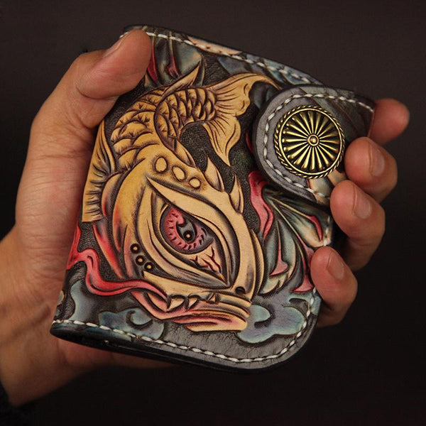 Tooled Arowana Handmade Leather Mens Short Biker Wallets BIfold SMall Wallet For Men