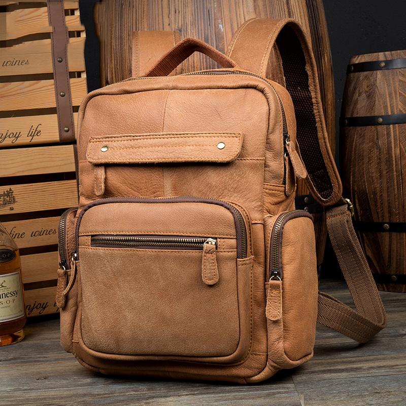 Casual Khaki Leather Mens 13 inches School Backpacks Tan Computer Backpack for Men