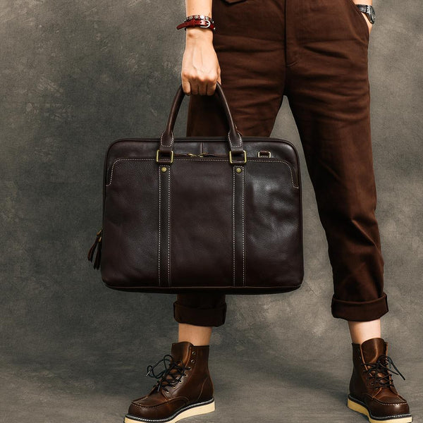 Coffee Leather Mens 15" Black Laptop Briefcase Business Brown Large Handbag For Men - imessengerbags