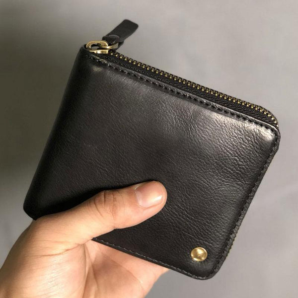 Genuine Leather Mens Cool Slim Zipper Leather Wallet Men Small Wallets Bifold for Men - imessengerbags