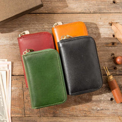 Black Leather Mens Small Card Wallet Red Zipper Card Holder Brown Zipper Coin Wallet For Men - imessengerbags