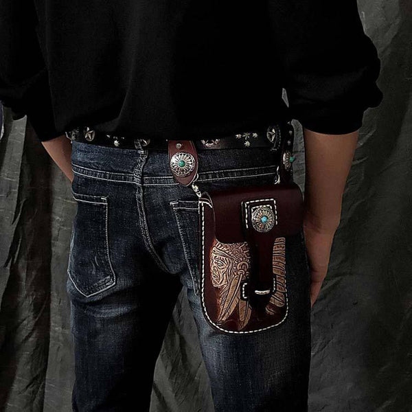 Black Badass Mens Indian Tooled Leather Waist Bag Side Bag Coffee Belt Pouch Belt Bag for Men