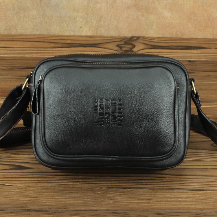 Black Fashion Leather Mens 10 inches Small Courier Bag Black Postman Bags Side Bag Messenger Bag For Men