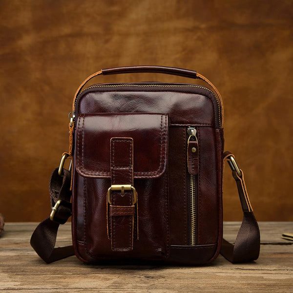 Vintage Black Leather Men's Small Vertical Side Bag Brown Shoulder Bag Handbag For Men