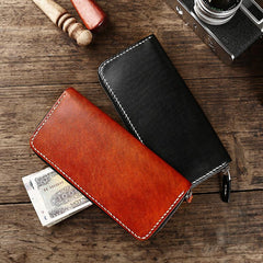 Cool Leather Mens Black Long Wallet Brown Handmade Zipper Wallet Long Wallet For Men - imessengerbags