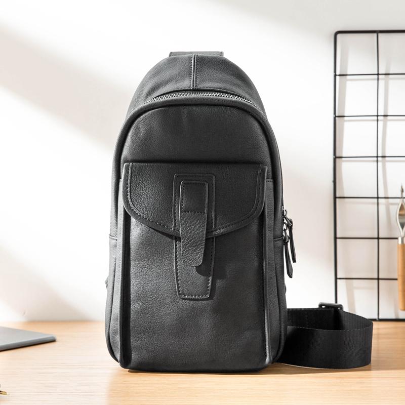 Cool Mens Black Leather 8 inches Chest Bag Sling Black One Shoulder Backpack Sling Backpack for men - imessengerbags