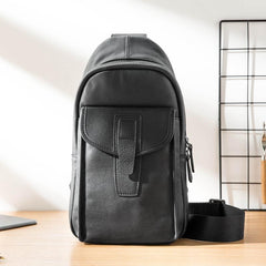 Cool Mens Black Leather 8 inches Chest Bag Sling Black One Shoulder Backpack Sling Backpack for men - imessengerbags