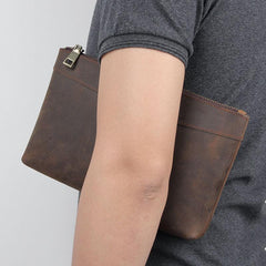 Dark Brown Leather Mens 8 inches Envelope Bag Wristlet Wallet Bag Zipper Clutch Wallet For Men