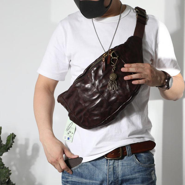 Black Cool Leather Men Fanny Pack Waist Bag Hip Pack Chest Bag Belt Bag Bumbag for Men