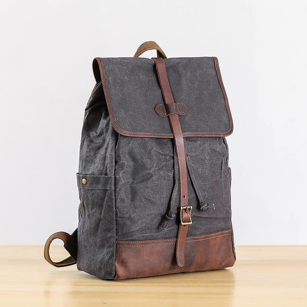 Gray Waxed Canvas Mens Large 15'' Laptop Backpack College Backpack Hiking Backpack for Men - imessengerbags