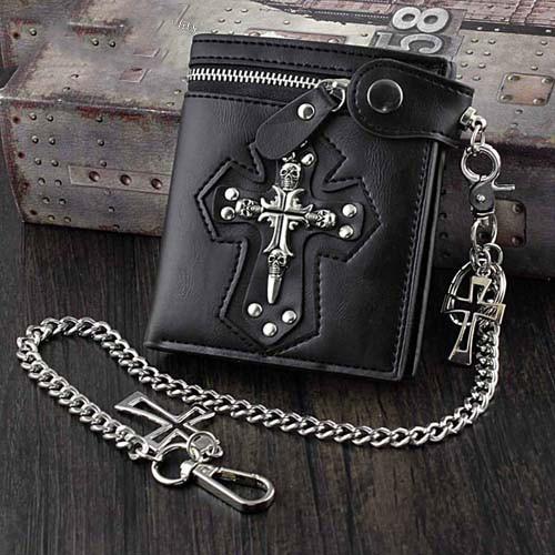 Punk Black Leather Men's Small Biker Wallet Chain Wallet Skull Cross billfold Wallet with Chain For Men - imessengerbags