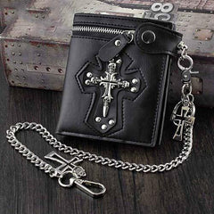 Punk Black Leather Men's Small Biker Wallet Chain Wallet Skull Cross billfold Wallet with Chain For Men - imessengerbags