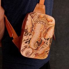 Handmade Beige Ganesha Tooled Leather Sling Bag Chest Bag One Shoulder Backpack For Men - imessengerbags