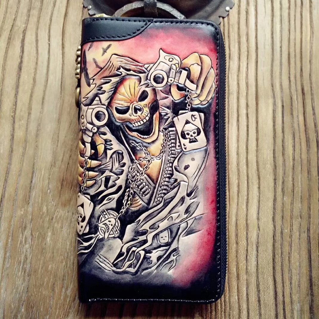 Handmade Leather Mens Clutch Wallet Cool Skull Ghost Rider Tooled Chain Wallet Biker Wallets for Men - imessengerbags