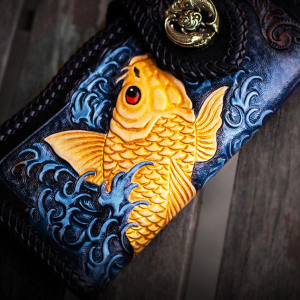Handmade Leather Carp Mens Chain Biker Wallet Cool Leather Wallet With Chain Wallets for Men - imessengerbags