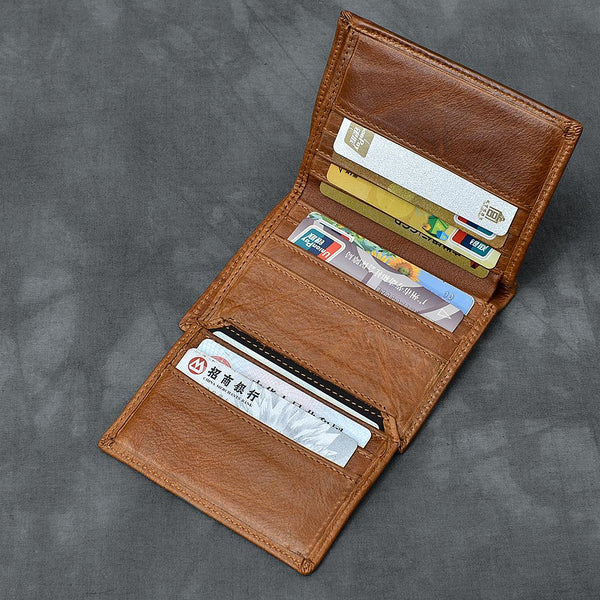 Brown Waxed Leather Mens Small Wallet billfold Trifold Card Wallet For Men - imessengerbags