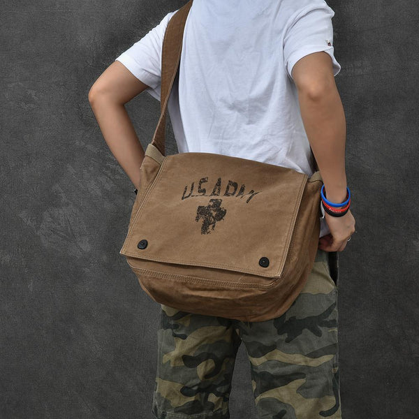 Canvas Leather Mens Large Brown Side Bag 14'' Army Green Messenger Bag Postman Bag For Men - imessengerbags