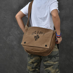 Canvas Leather Mens Large Brown Side Bag 14'' Army Green Messenger Bag Postman Bag For Men - imessengerbags