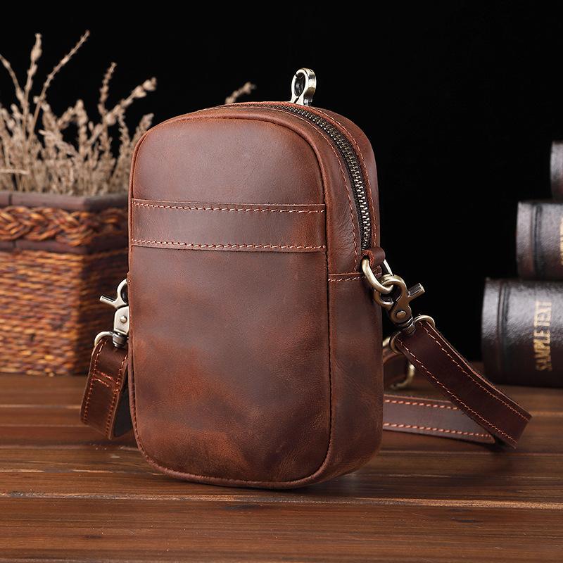 Casual Brown Leather Belt Pouch Mini Messenger Bag Men's Small