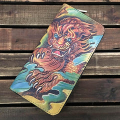 Black Handmade Tooled Tang Lion Leather Long Wallet Zipper Wallet Clutch Wallet For Men - imessengerbags