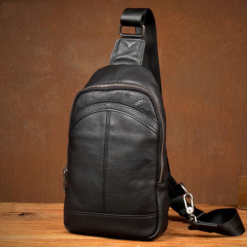 Black Leather Mens Cool Sling Bag Sling Pack Crossbody Pack Chest Bag for men - imessengerbags