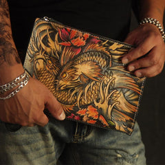 Cool Handmade Tooled Leather Tan Floral Skull Clutch Wallet Wristlet Bag Clutch Purse For Men - imessengerbags