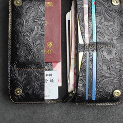 Handmade Leather Floral Mens Cool Travel Long Wallet Card Holder Card Slim Clutch Wallets for Men - imessengerbags
