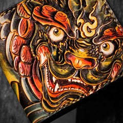 Handmade Leather Chinese Lion Tooled Mens billfold Wallet Cool Leather Wallet Slim Wallet for Men - imessengerbags