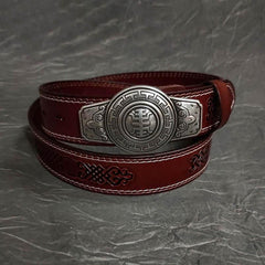 Fashion Red Brown Leather Metal Belt Motorcycle Belt Leather Biker Round Belt For Men - imessengerbags