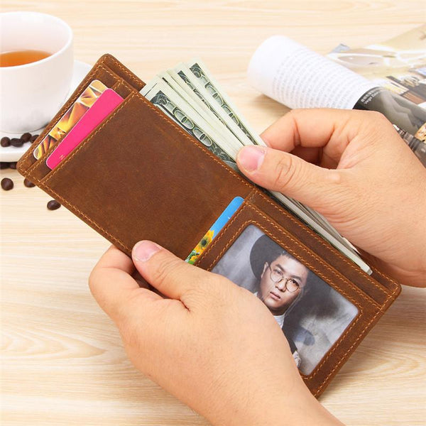 Vintage Brown Leather Men's Slim Small Bifold Wallet Front Pocket billfold Wallet For Men - imessengerbags