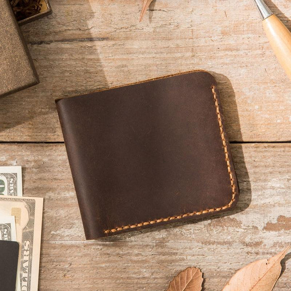 Cool Leather Mens Coffee Slim Small Wallet Bifold Vintage billfold Wallet for Men - imessengerbags
