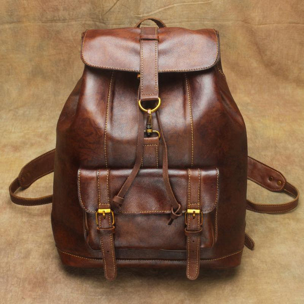 Vintage Lambskin Brown Leather Men's 14'' Laptop Backpack Black Satchel Backpack For Men - imessengerbags
