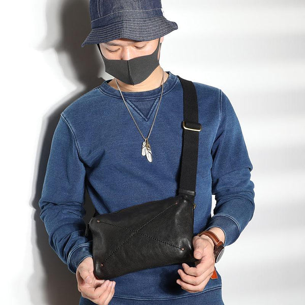 Cool Black LEATHER MEN'S 8 INCHES Small Side BAGs Sling MESSENGER BAG Chest BAG FOR MEN - imessengerbags
