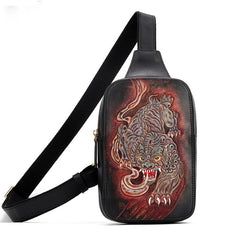 Handmade Leather Tooled Mens Cool Chest Bag Sling Bag Crossbody Bag Travel Bag Hiking Bag for men