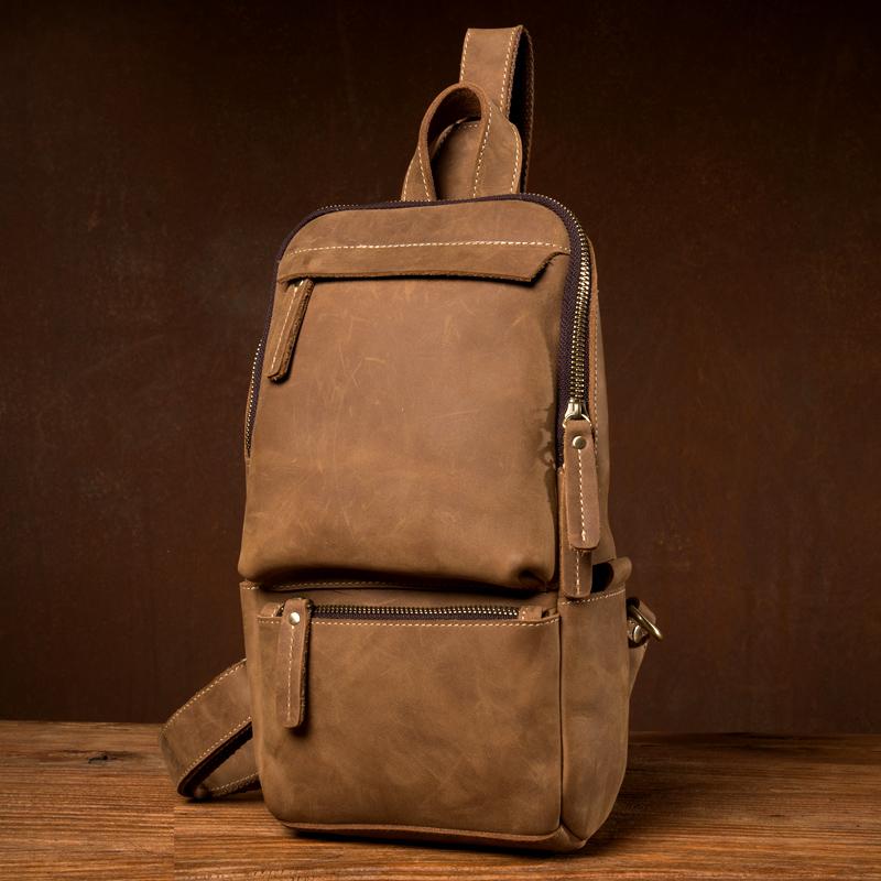 Cool Light Brown Leather Mens 10 inches Sling Bag Crossbody Pack Chest Bag for men - imessengerbags