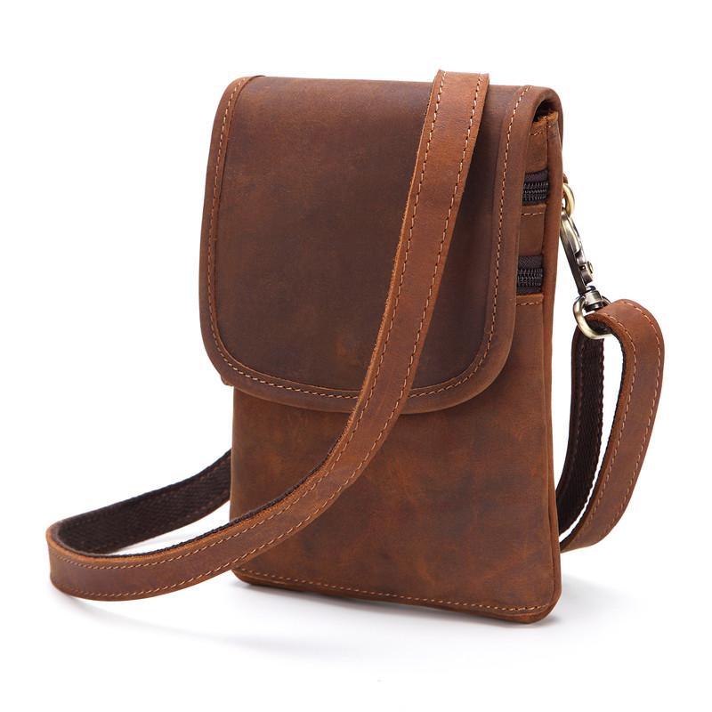 Cool Brown Leather Mens Mini Shoulder Bag Belt Pouch Belt Bags For Men