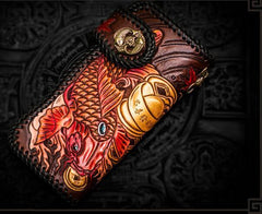Handmade Leather Tooled Carp Mens Chain Biker Wallet Cool Leather Wallet Long Phone Wallets for Men