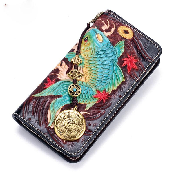 Handmade Leather Carp Mens Chain Biker Wallet Cool Leather Wallet Long Phone Wallets for Men - imessengerbags