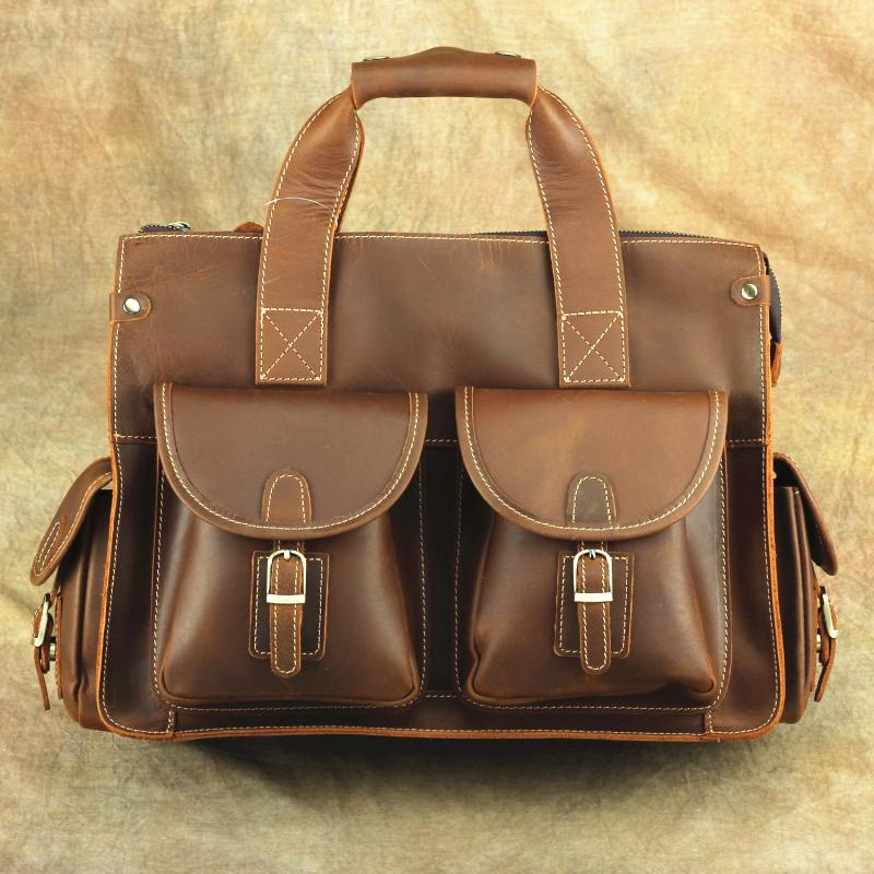 Brown Leather Mens 14 inches Business Laptop Work Bag Handbag Briefcase Shoulder Bags Messenger Bags For Men