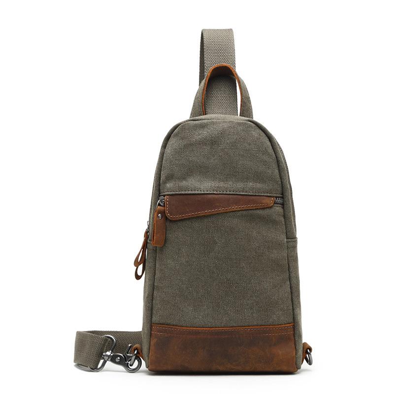 Cool Canvas Leather Mens Sling Bag Chest Bag Gray One Shoulder Backpack for Men