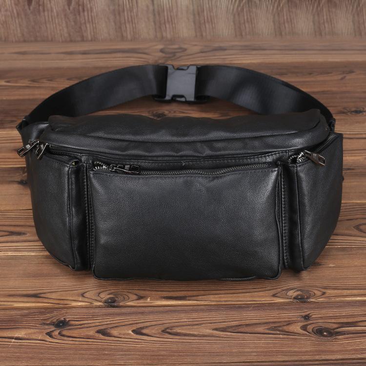 Black Leather Fanny Pack Men's Black Chest Bag Hip Bag Large Capacity Waist Bag For Men